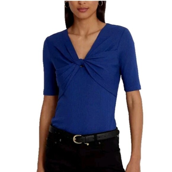 Lauren Ralph Lauren Navy Twist Front Ribbed Pullover Top Medium Professional - Picture 1 of 7